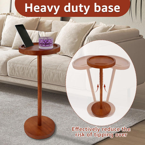 Pedestal Side Table Wooden Small Round Coffee Tables with Phone Holder and Weighted Base Enduring Pedestal End Table Snack Desk for Small Spaces
