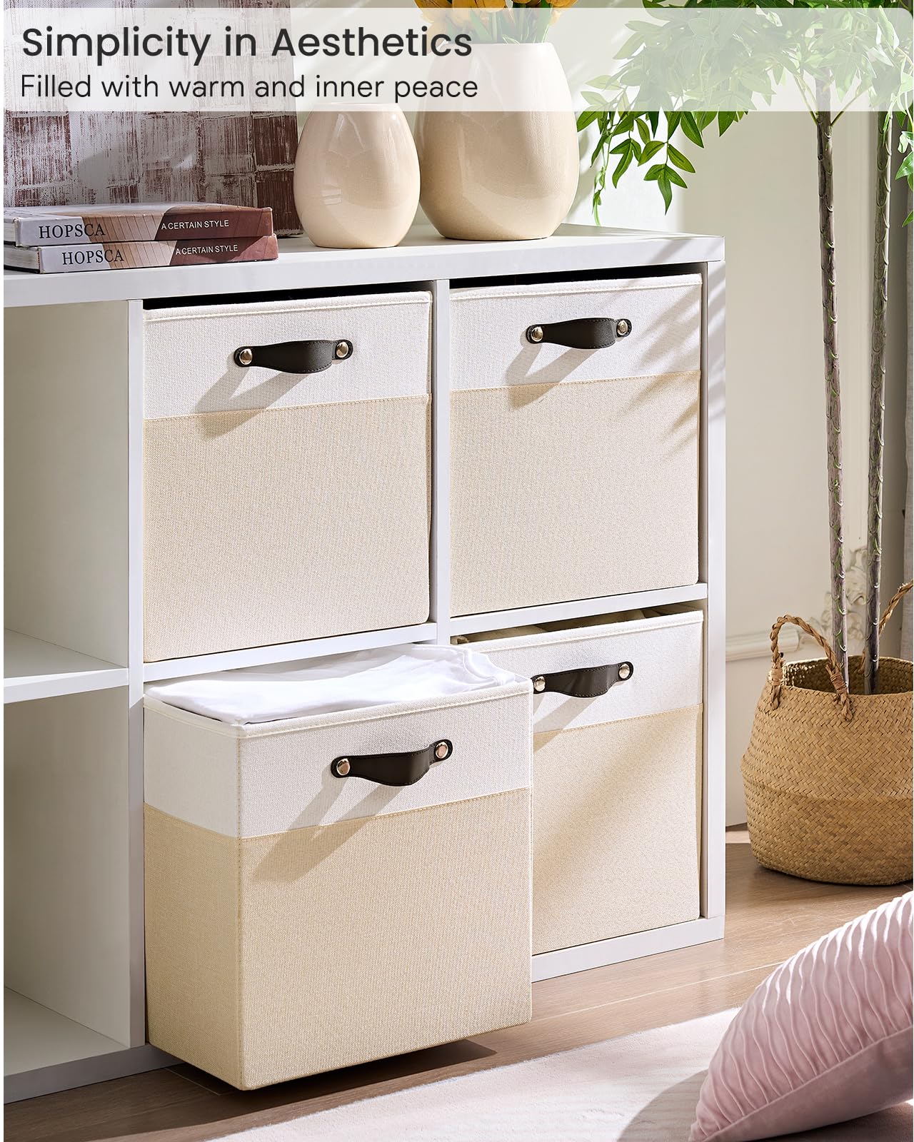 FABINADO Storage Cube | 260g/㎡ Ultra-Fine Linen Cubby Box for Shelf, Bookshelf, Closet, Wardrobe | 25cm Square Drawer Insert Basket | 4 Pack