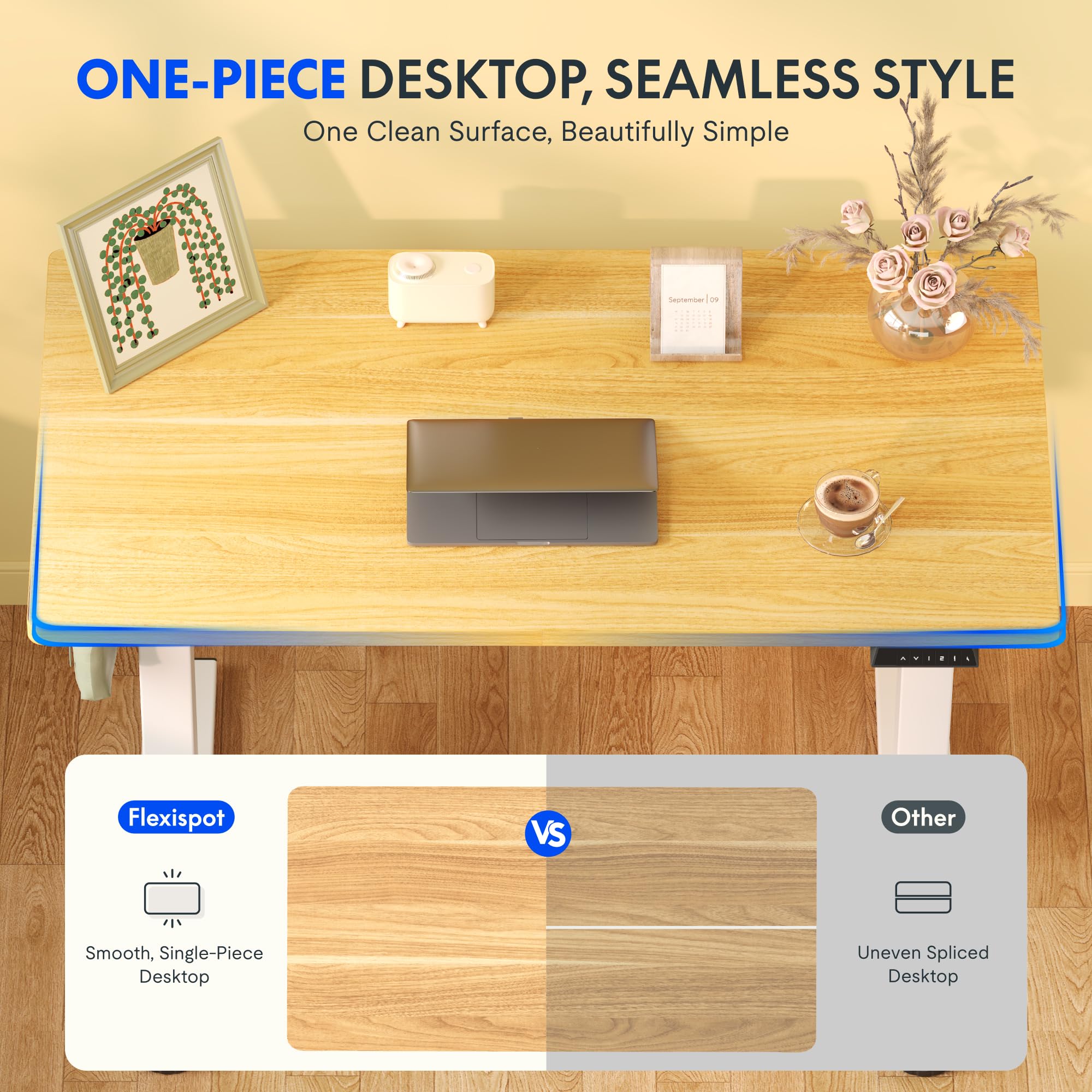 FLEXISPOT E1 Plus ONE PIECE Electric Standing Desk Height Adjustable Sit Stand Desk with Memory Smart Panel for Home Office, 100 * 60cm