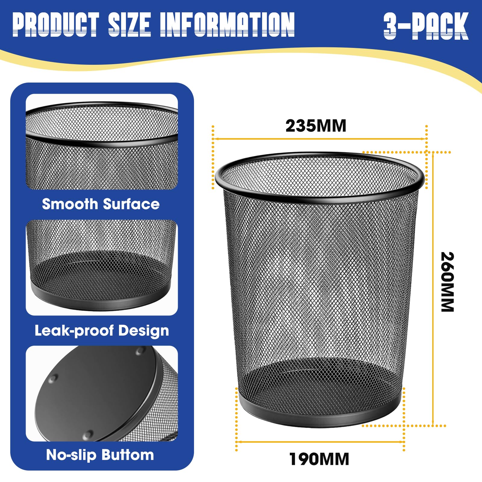 Evadow 3 Pack Mesh Waste Paper Bin 12 Litres, Metal Wire Waste Basket Lightweight Circular Trash Bin for Home Office Garbage Can Bin