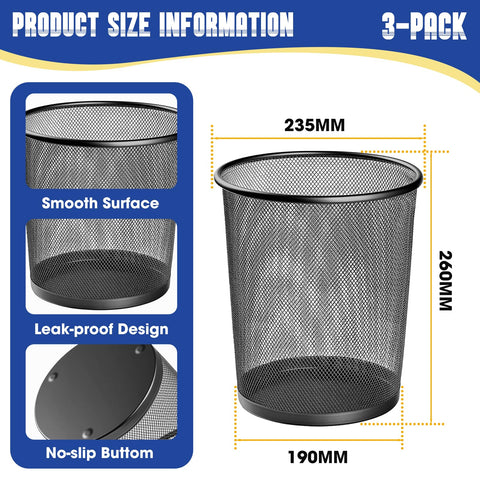Evadow 3 Pack Mesh Waste Paper Bin 12 Litres, Metal Wire Waste Basket Lightweight Circular Trash Bin for Home Office Garbage Can Bin