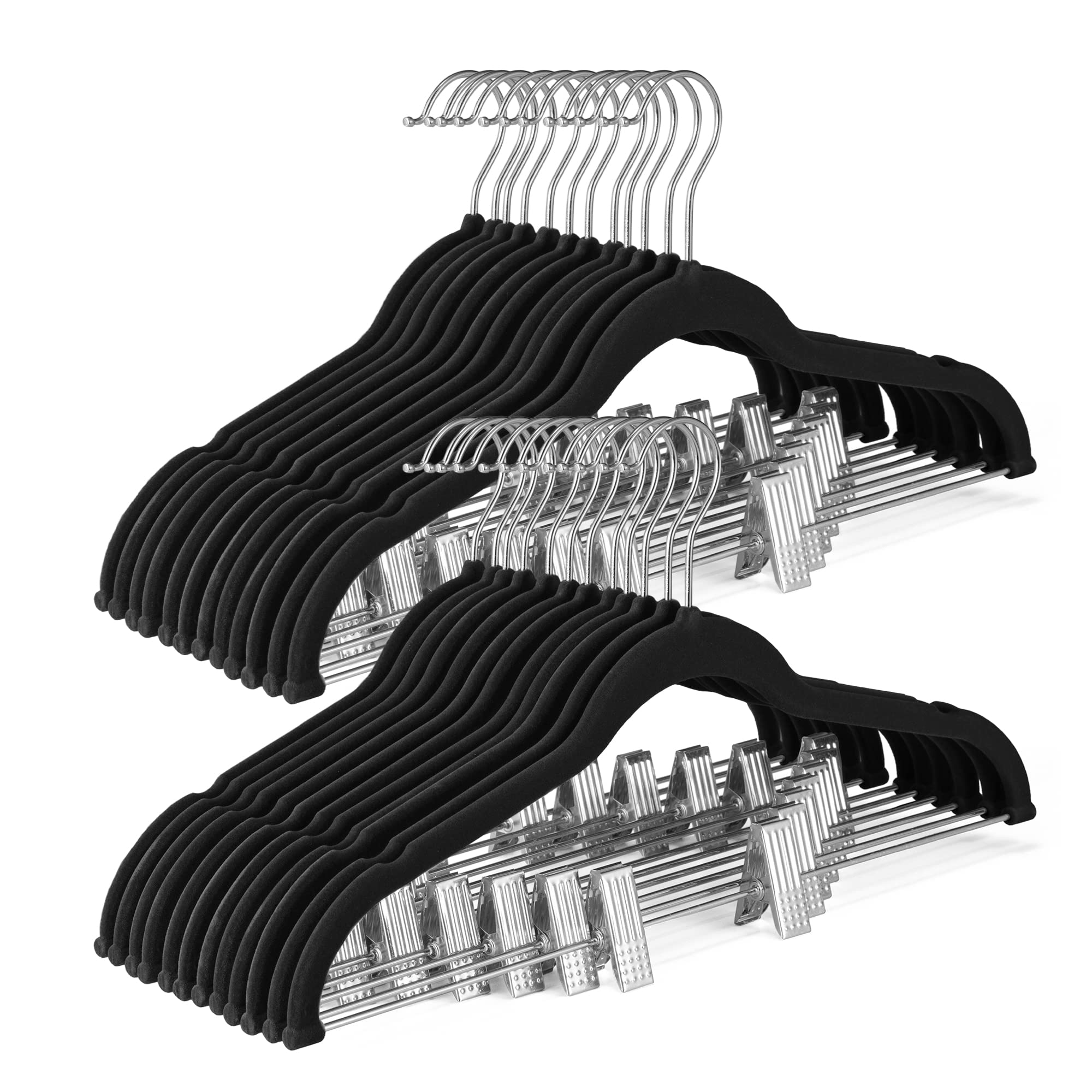 HOUSE DAY Velvet Skirt Hangers 24 Pack, Black Velvet Hangers with Adjustable Clips, Space Saving Slim Velvet Pant Hangers, Heavy Duty Shorts Hangers