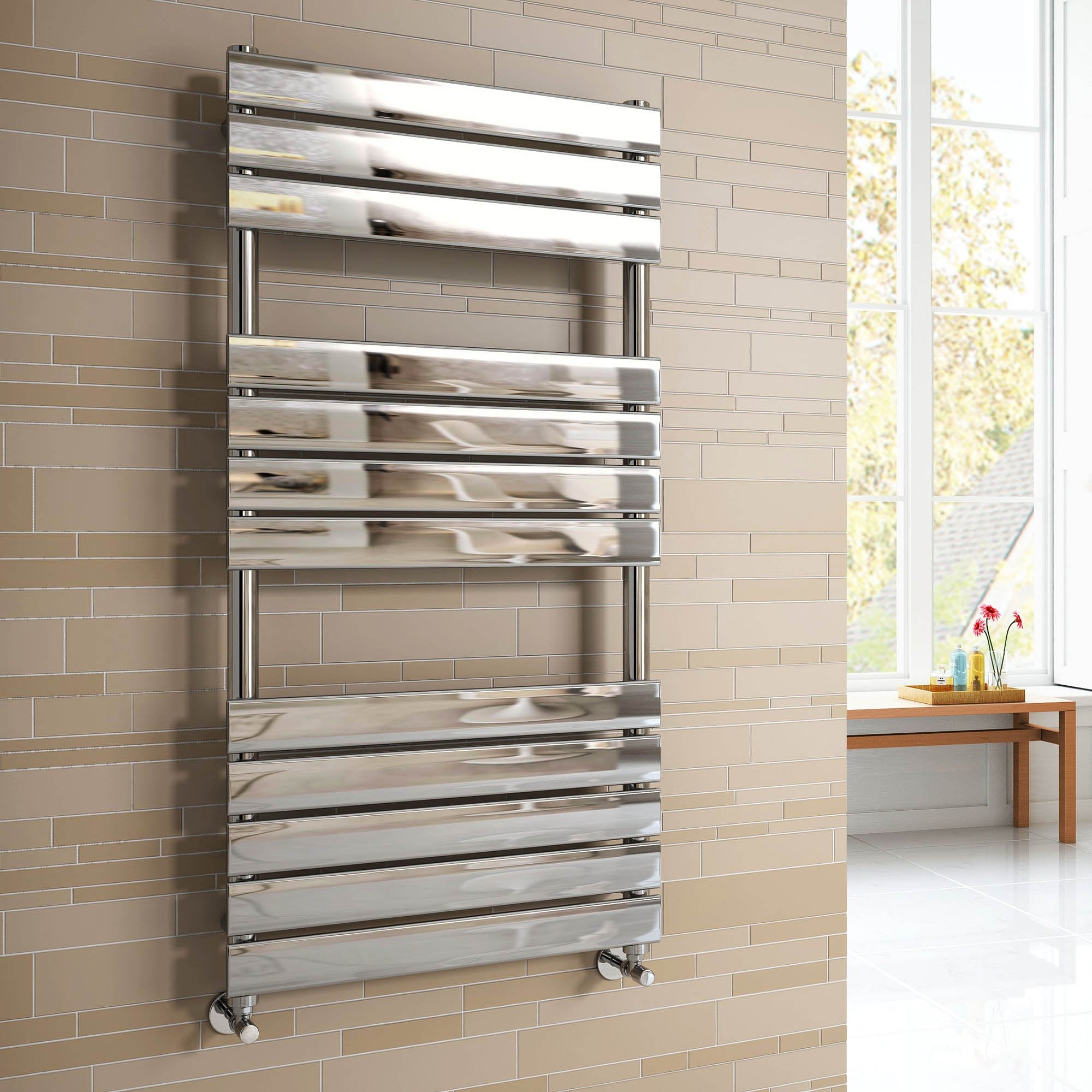 iBathUK Zerith Wall Mounted Flat Panel Heated Towel Rail, 12 Column Slim Flat Steel Hydronic Central Heating High Thermal Output Designer Bathroom