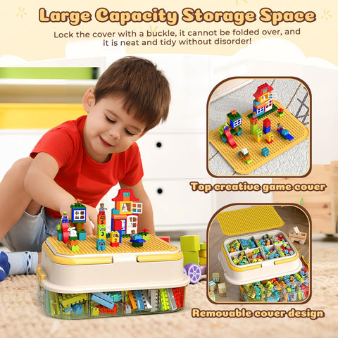 Focenat Stackable Brick Storage Box with Puzzle Compartments, 3 Tier Clear Plastic Container with Lids