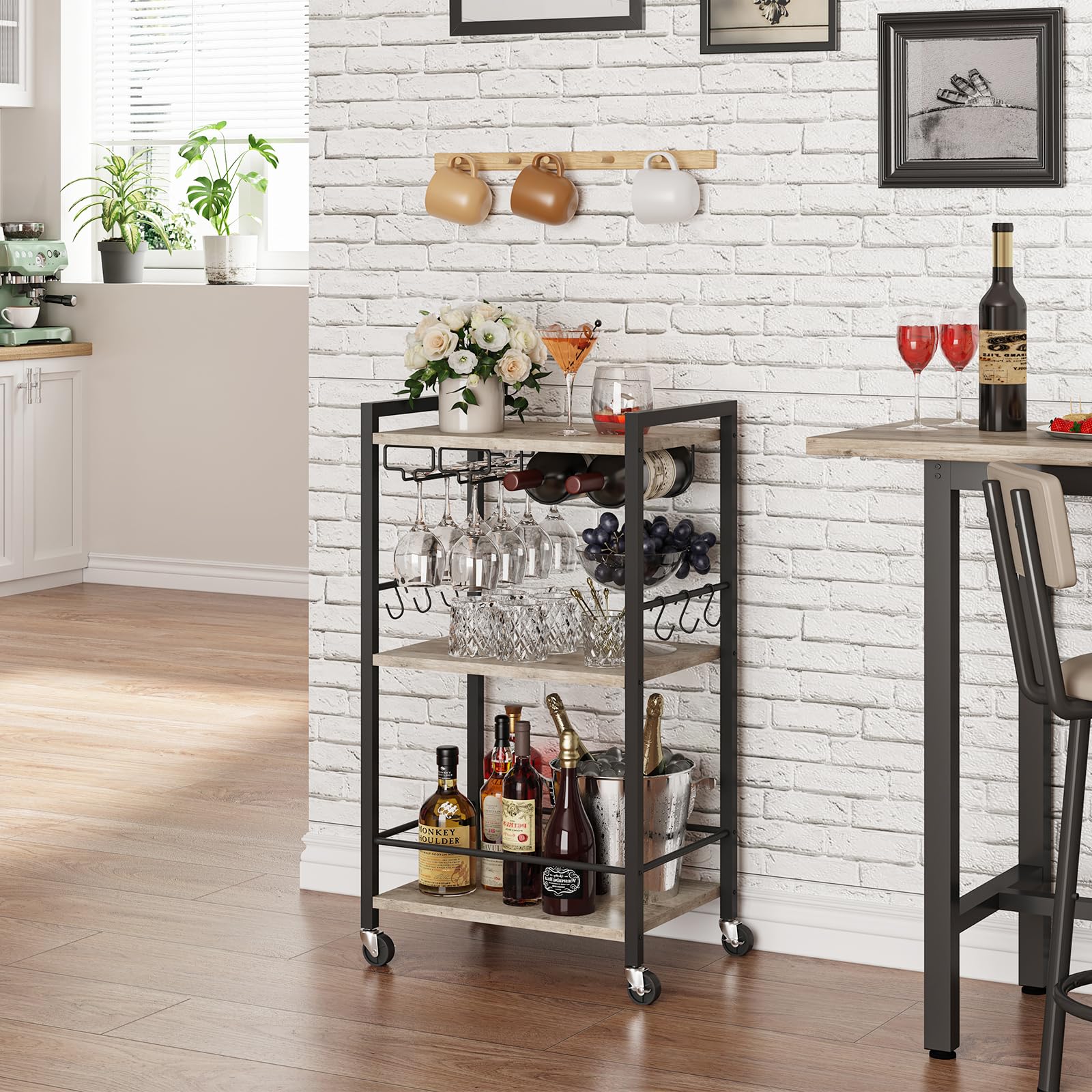 TUTOTAK Drinks Trolley, Bar Cart with 3-Tier Shelf, Serving Trolley with Wine Rack, Glass Holder, Rolling bar cart for The Home, Living Room