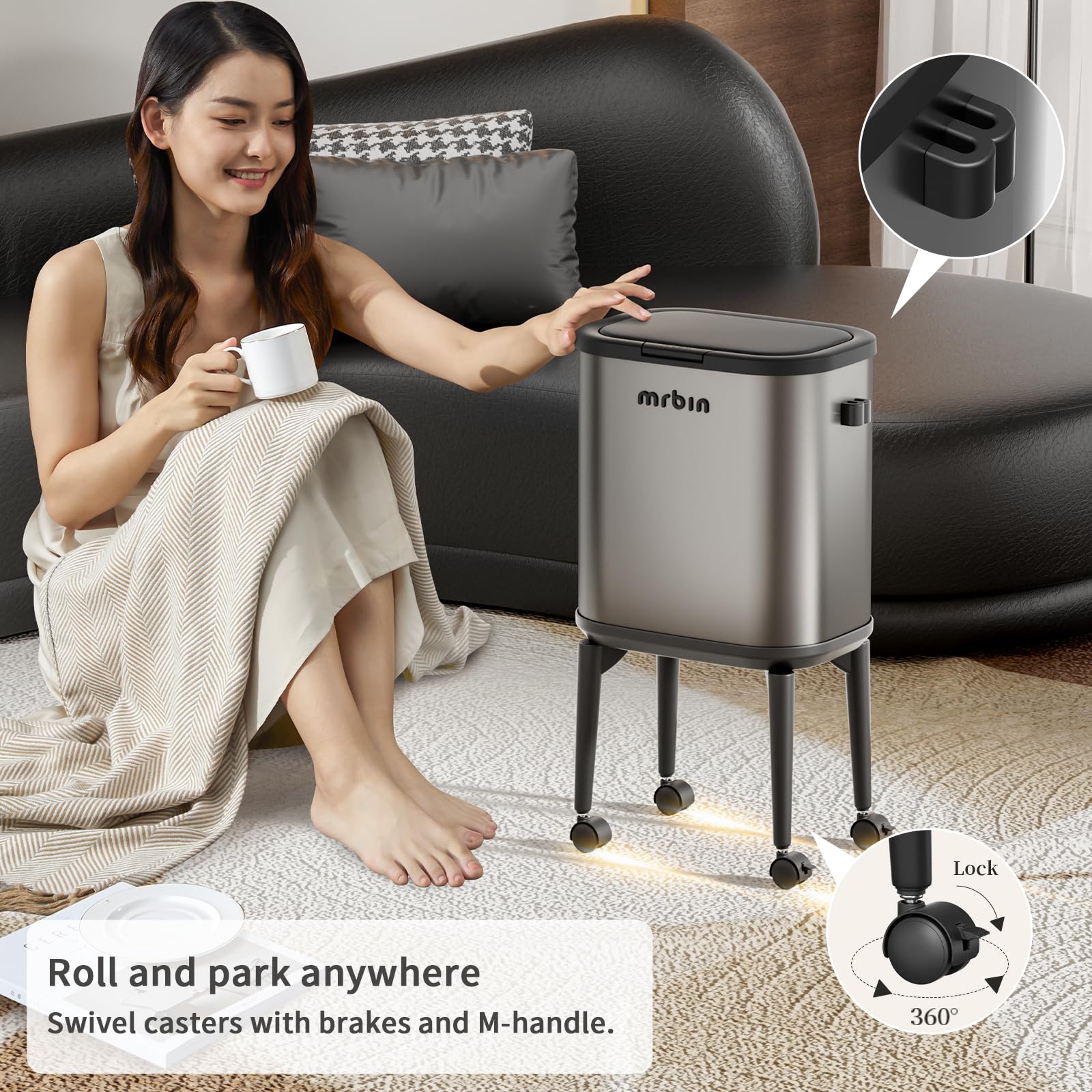 MRBIN Stainless Steel Slim Bathroom Trash Can with Legs and Wheels, 15L / 4gal Toilet Press Lid Waste Basket