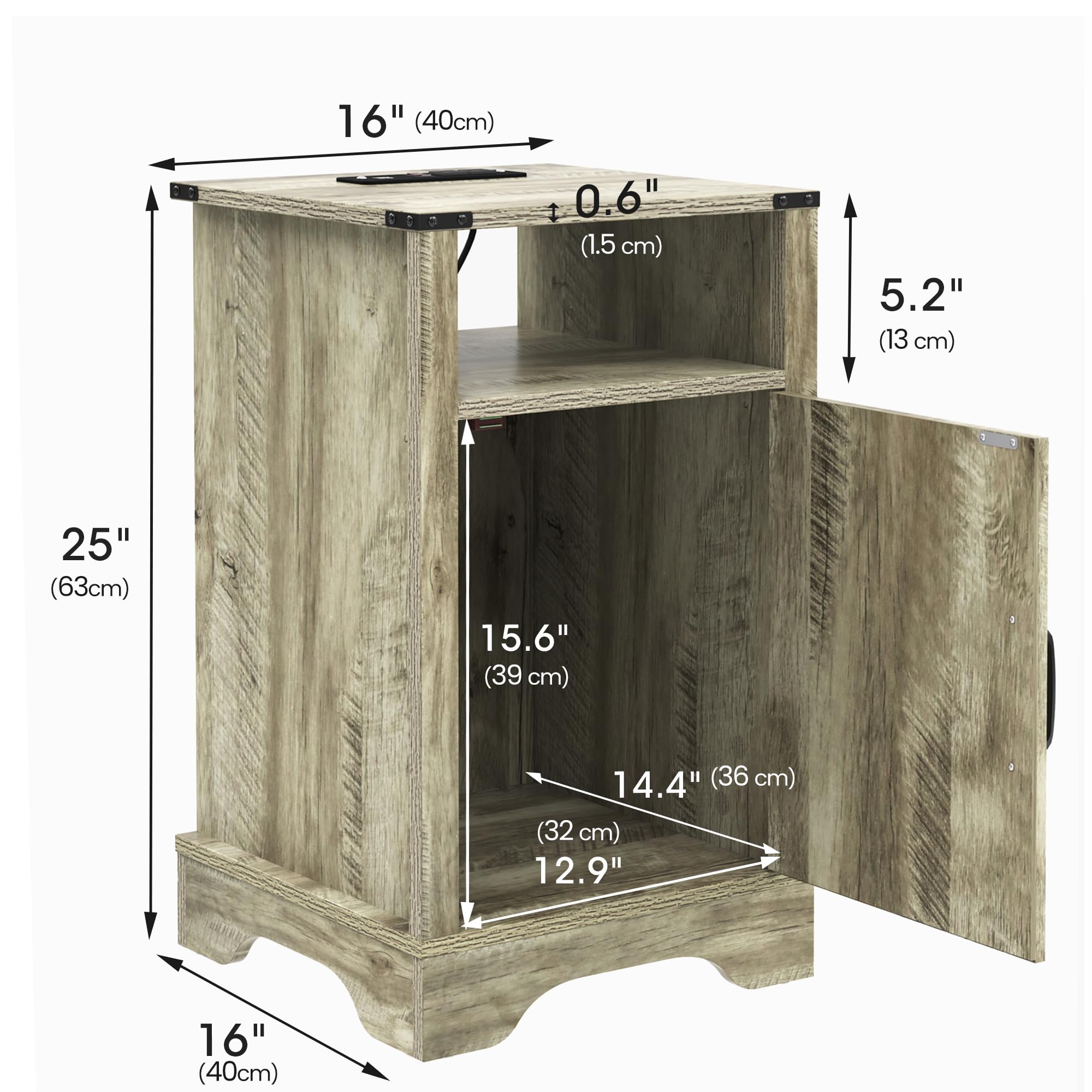 SUNVIVI Bedside Table with Charging Station, 2 AC Outlets & 2 USB Ports, Farmhouse Side Table with X-Design Storage Shelf