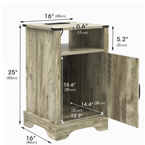 SUNVIVI Bedside Table with Charging Station, 2 AC Outlets & 2 USB Ports, Farmhouse Side Table with X-Design Storage Shelf