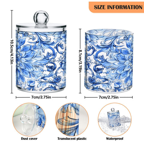 Ewusp White Blue Pattern Qtip Holder 2 PCS Clear Plastic Apothecary Jars with Lid Cotton Pad Holder Dispenser Cotton Bud Holder Bathroom Storage