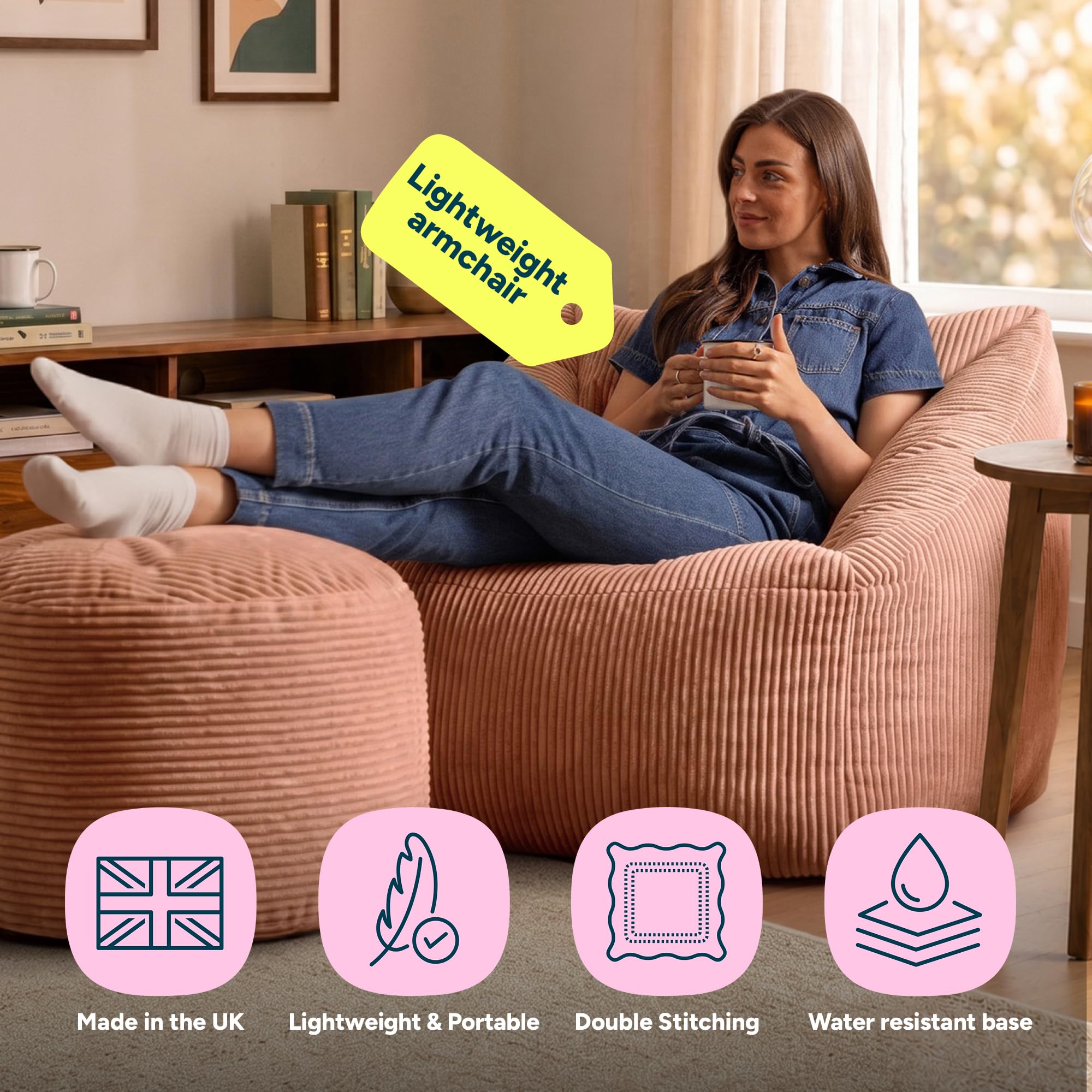 icon Natalia Cord Bean Bag Chair & Footstool with Filling Included, Pink