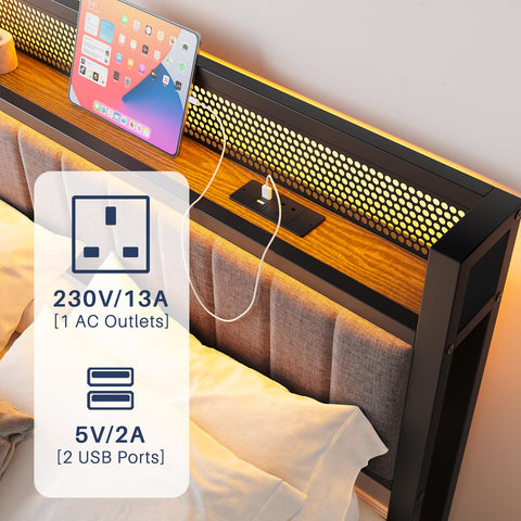 MOFLUT 4ft6 Double Bed Frame with Storage Headboard, USB & LED Lights,Gray
