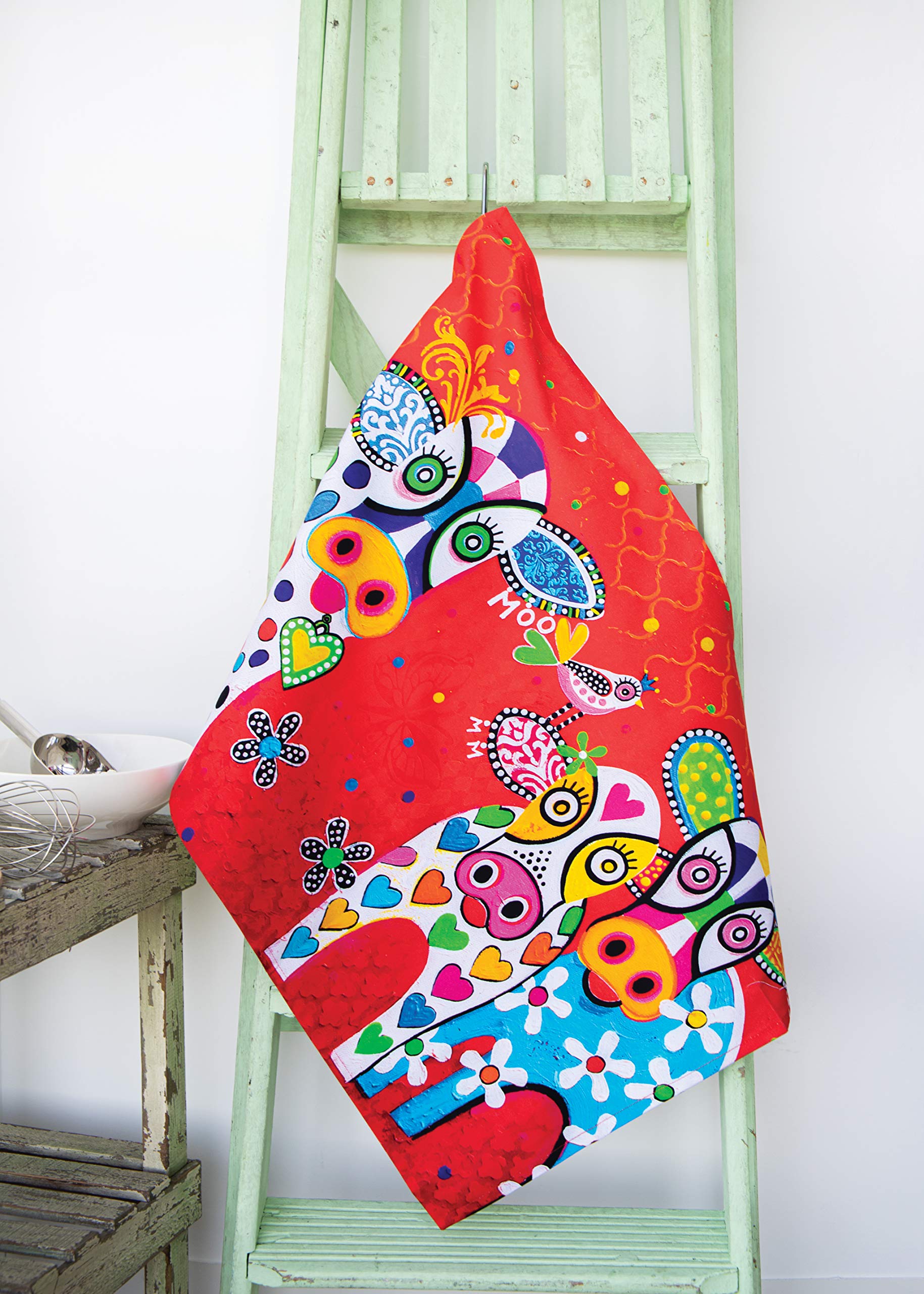 Maxwell & Williams Love Hearts Animal Printed Tea Towel with Happy Moo Day Design, 1% Cotton, Red, 5 x 7 cm