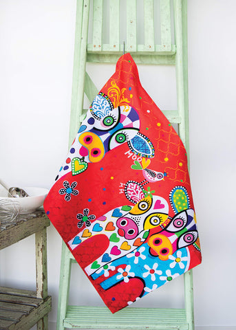 Maxwell & Williams Love Hearts Animal Printed Tea Towel with Happy Moo Day Design, 1% Cotton, Red, 5 x 7 cm