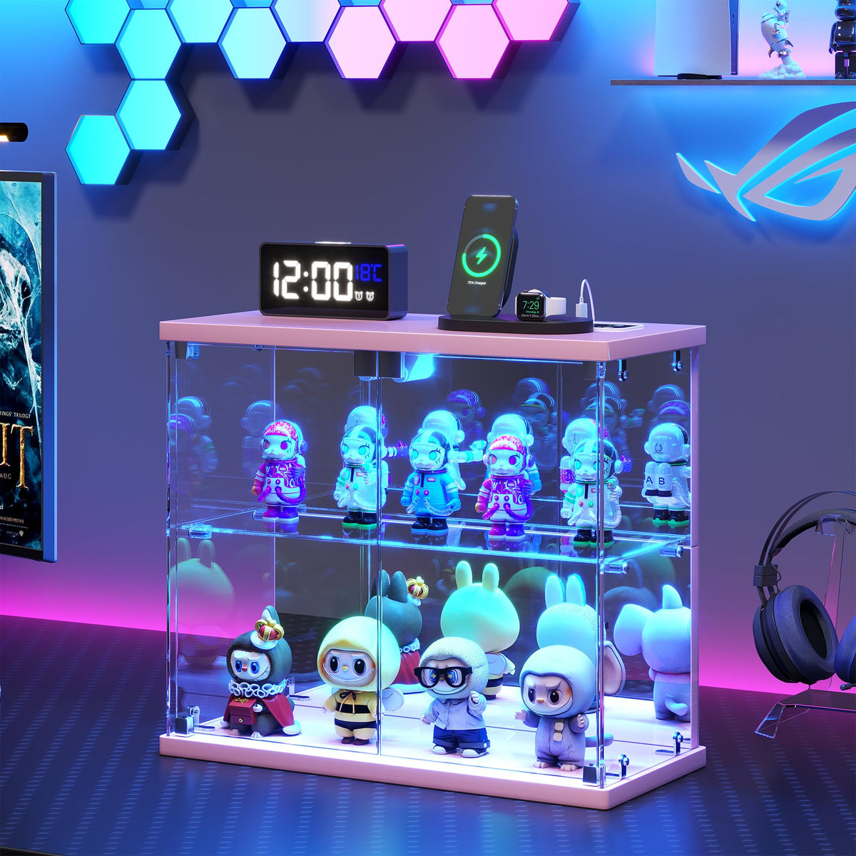 FREDEES Glass Display Cabinet Case with LED Lights, Pink