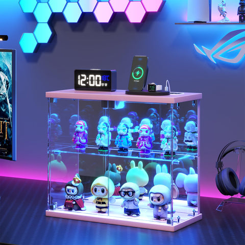 FREDEES Glass Display Cabinet Case with LED Lights, Pink