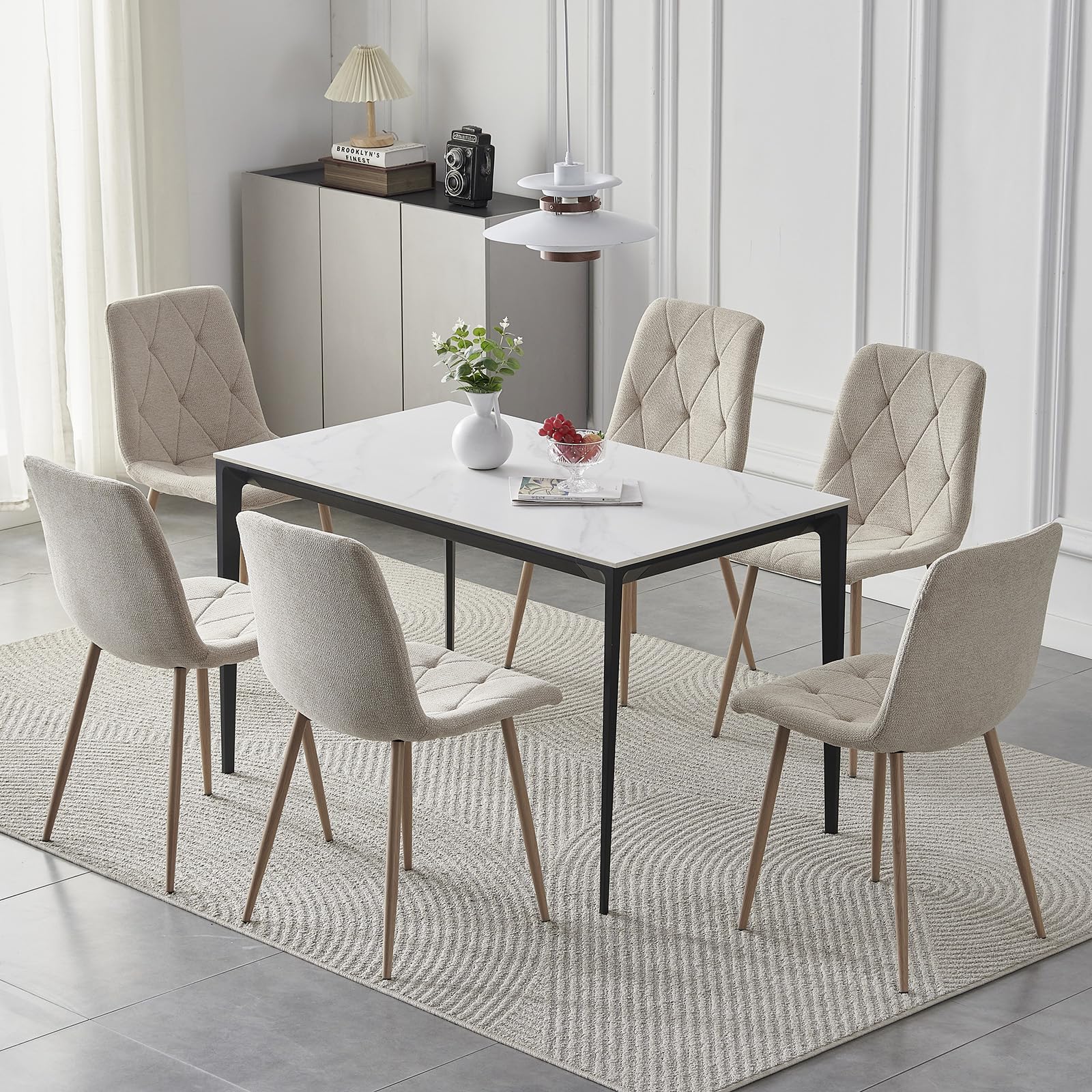 Set of 6 Dining Chairs for Dining Room, Fabric Kitchen Chairs Set, Beige