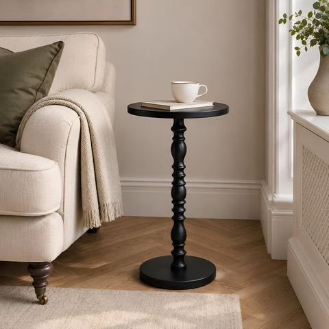 Junistra Round Drink Table, Small Pine Wood Sculpted Pedestal Side Table for Sofa, Living Room, Bedroom and Small Spaces, Black
