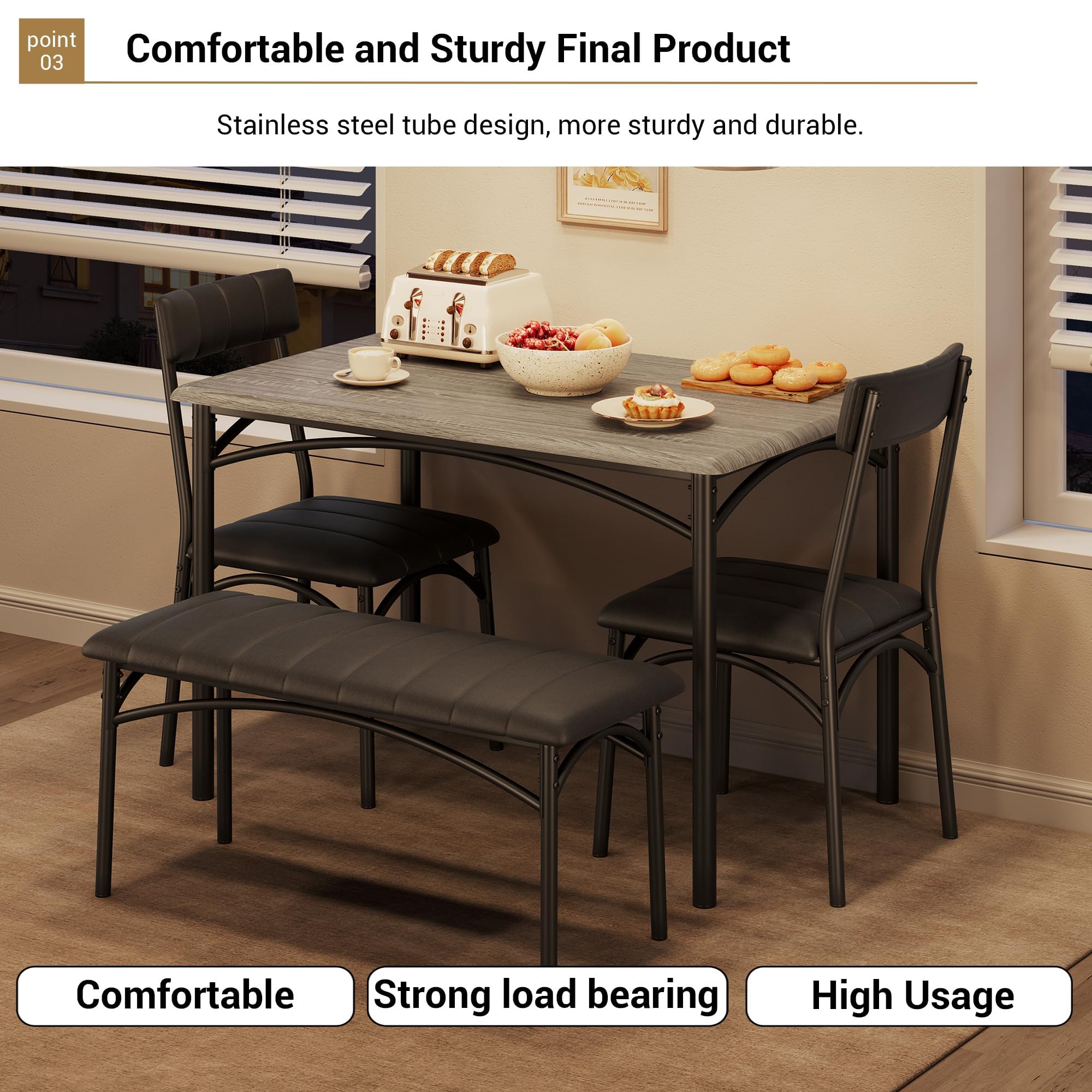 CuteHairy Dining Table Set for 4 – Wooden Table with Upholstered Bench & 2 Chairs, Compact Dining Table Set for Apartments