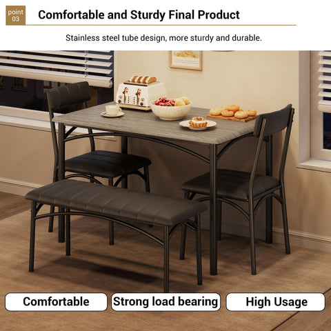 CuteHairy Dining Table Set for 4 – Wooden Table with Upholstered Bench & 2 Chairs, Compact Dining Table Set for Apartments