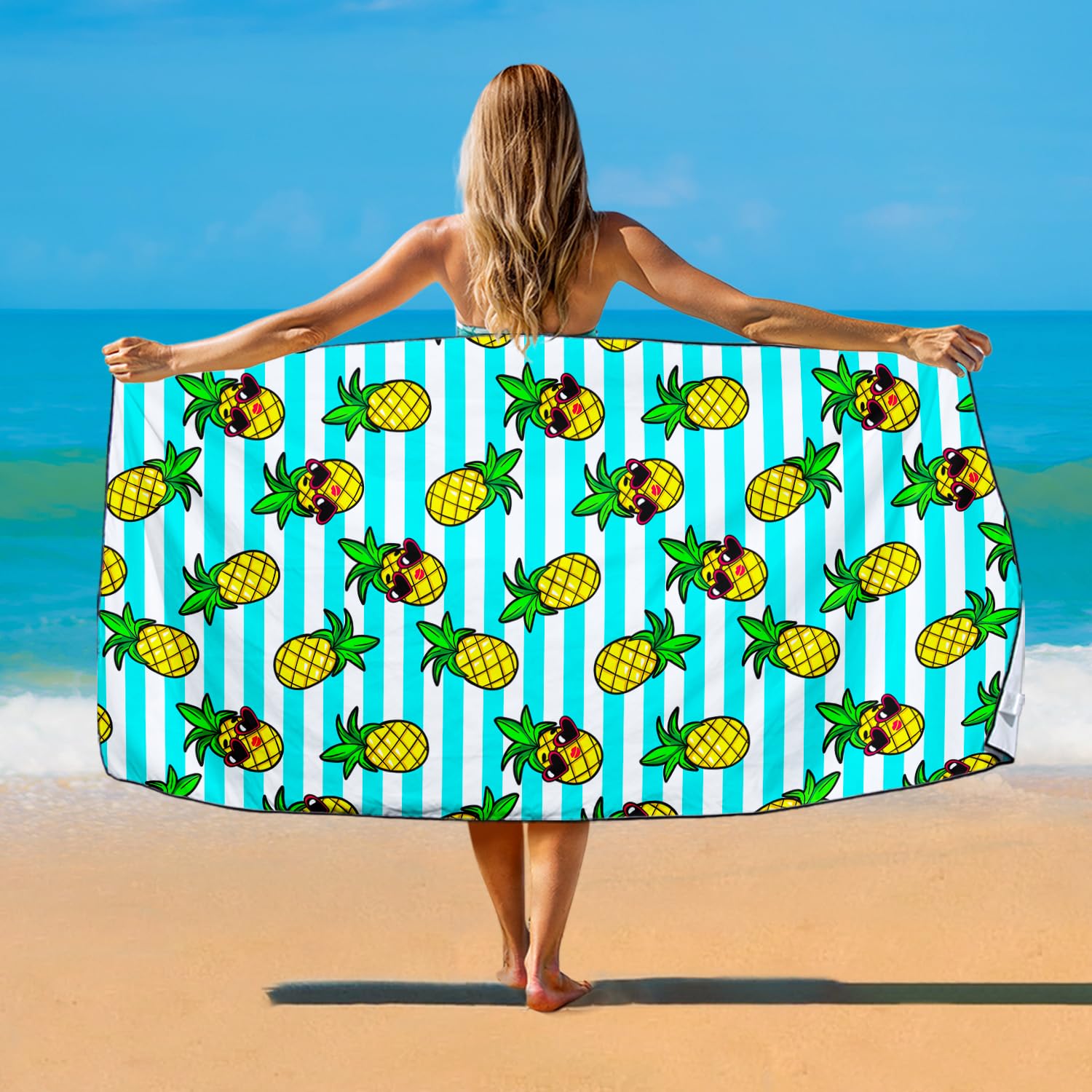 Violetpos Sunglasses Pineapple Stripe Beach Towel, Extra Large 180x90 cm 250GSM Microfibre, Sand Free Quick Dry