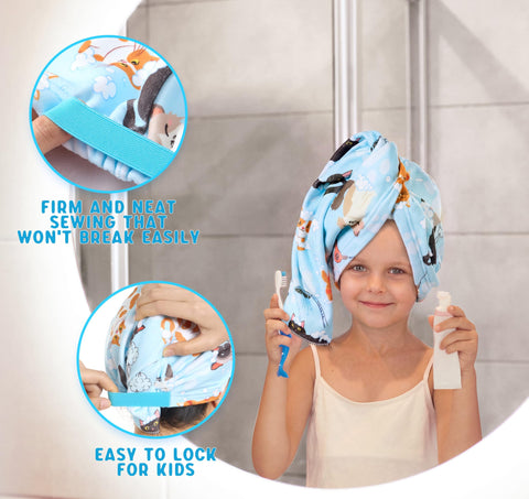 WAWSAM 2 Pack Kids Hair Towel Wrap for Girls, Microfibre Hair Turban Towel Fast Drying, Hair Towel Wrap with Elastic Strap for Long Hair