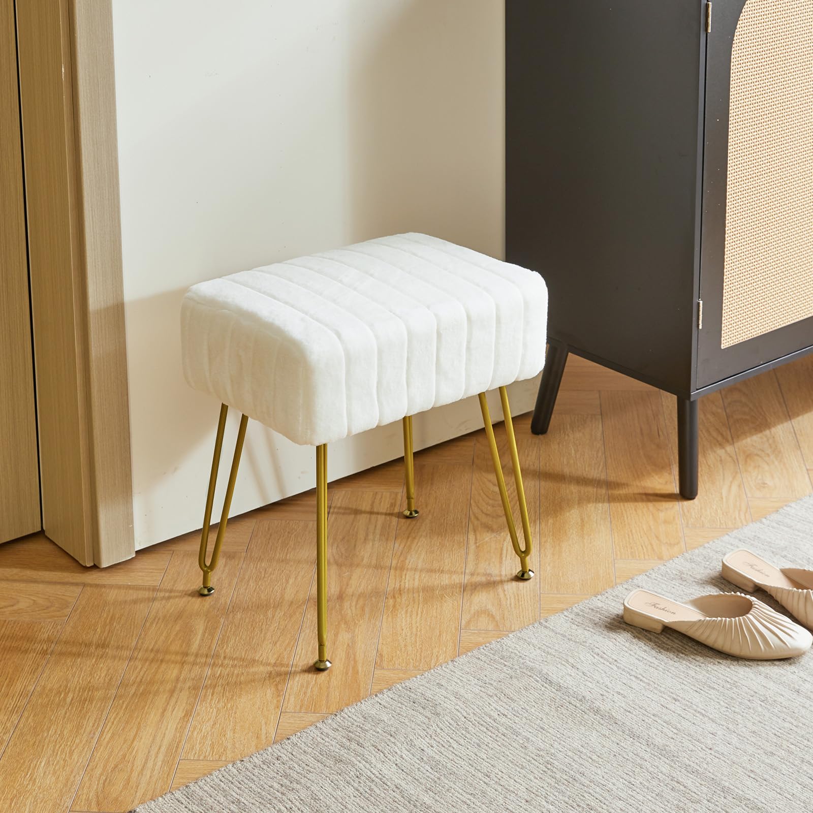IBUYKE Makeup Vanity Stool, Velvet Rectangular Footrest, White L/G-51W