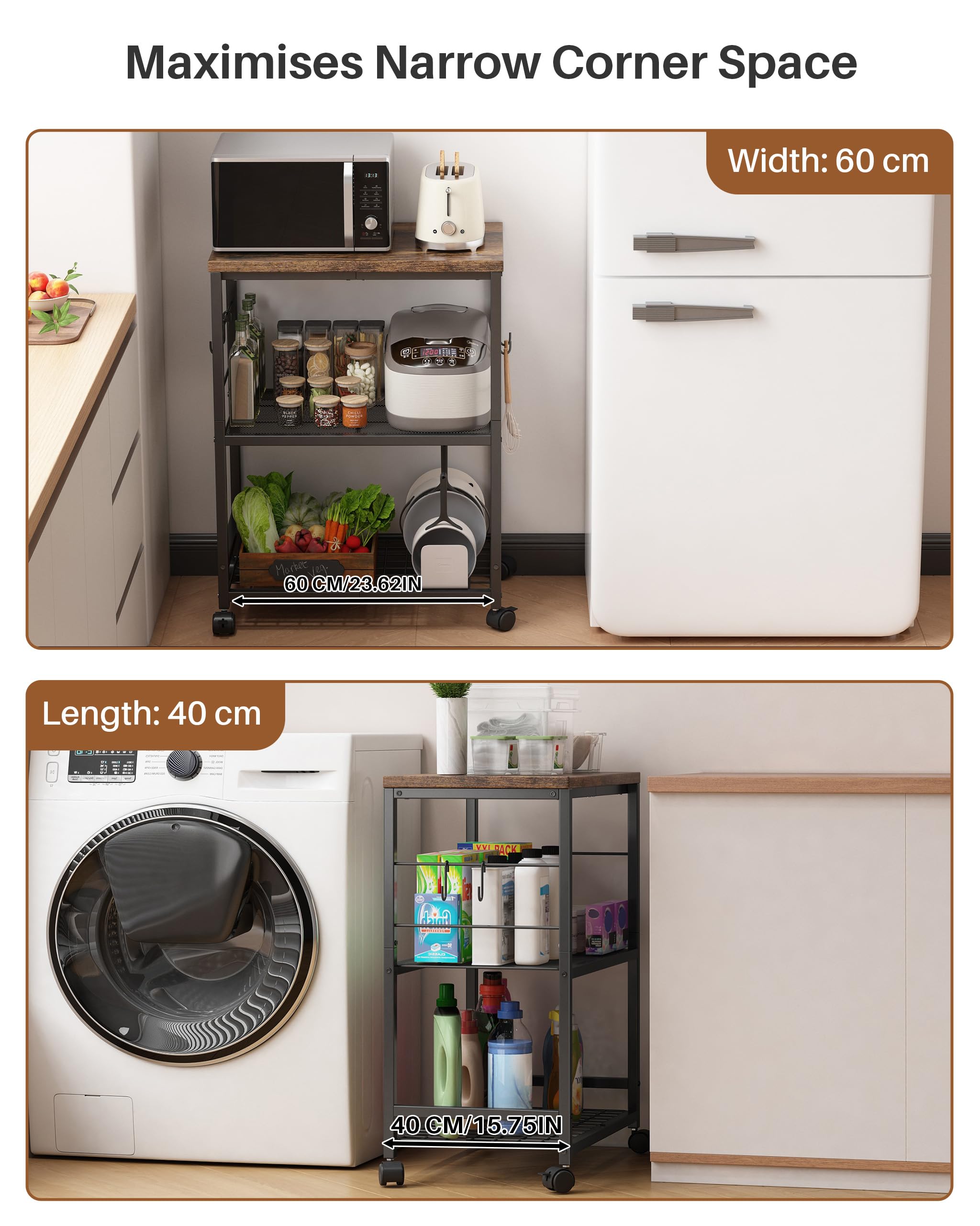 Ornestia 3 Tier Kitchen Trolley With Small Island for Storage(Black)