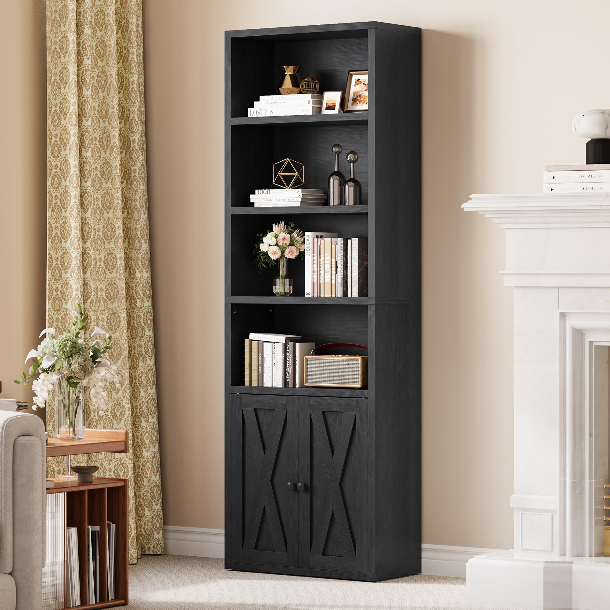 YITAHOME Bookcase, Floorstanding Bookshelves with Cupboard Industrial Shelves Storage Rack Wooden Cube Shelf Tall Storage Cabinet for Living Room