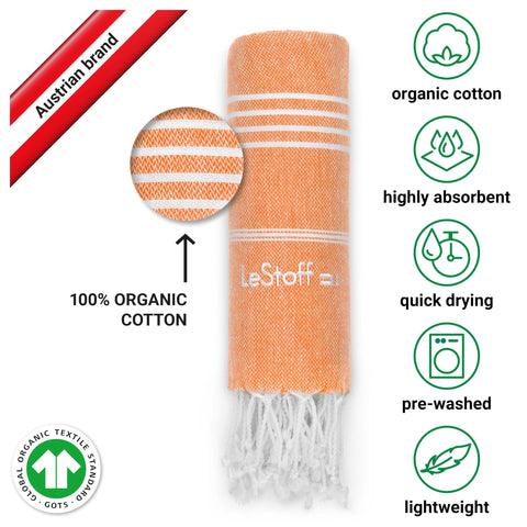 LeStoff Hammam Towel, Beach Towel, 100% Organic Cotton, 95x180 cm, Orange