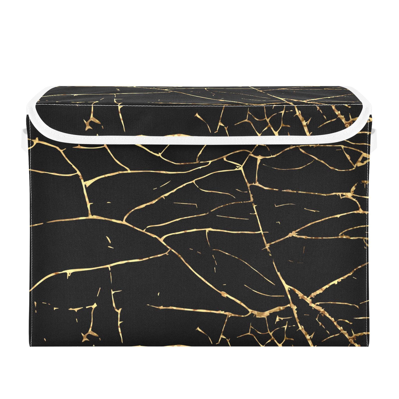 Storage Bin with Lid Gold Geometric Gold Marble Texture Foldable Storage Box Washable Fabric Storage Cubes Bin Organizer Basket Closet for Home