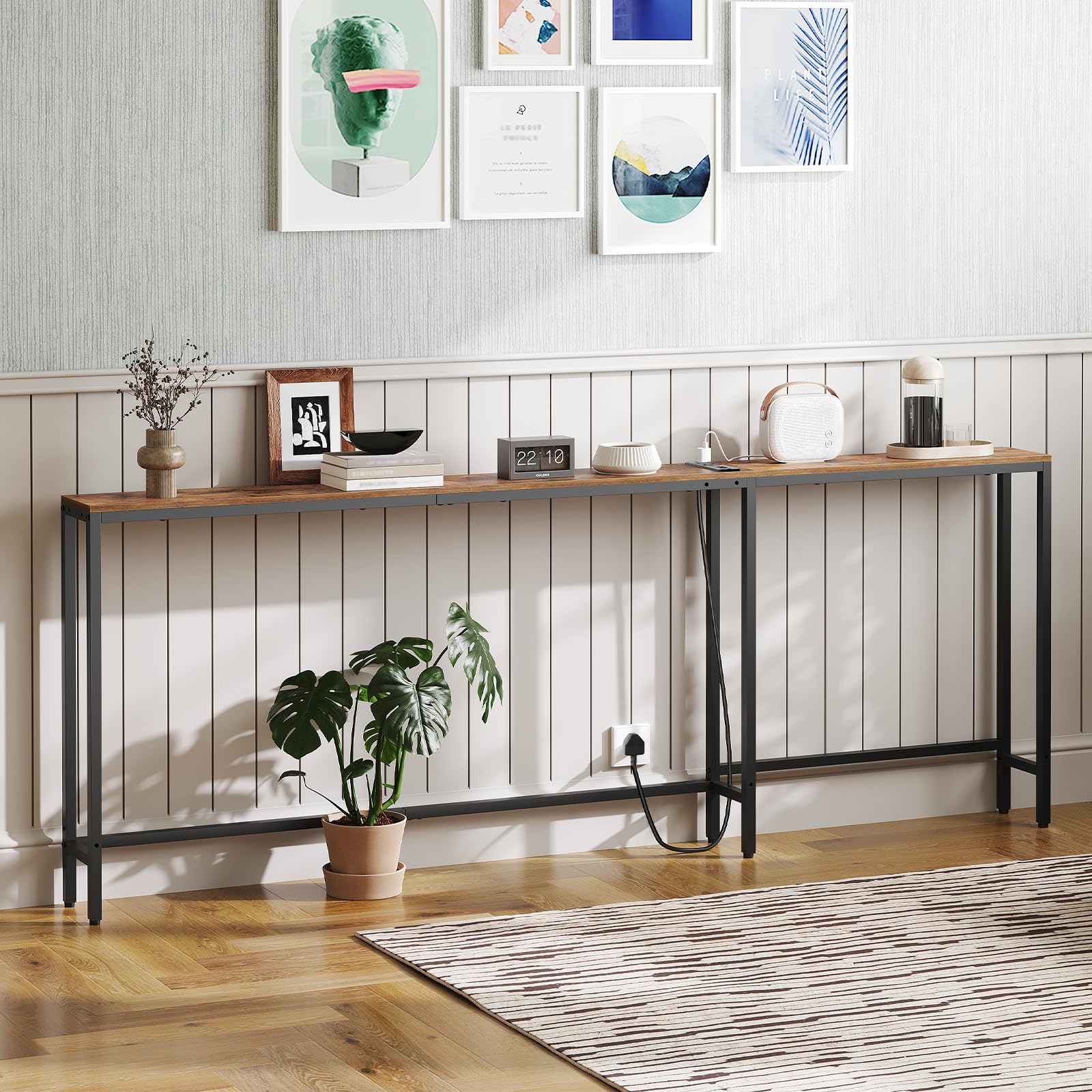 YATINEY Slim Console Table, 200 cm Narrow Sofa Table with Power Outlets, Behind Entryway Table, 3 Assembly Options, for Entryway