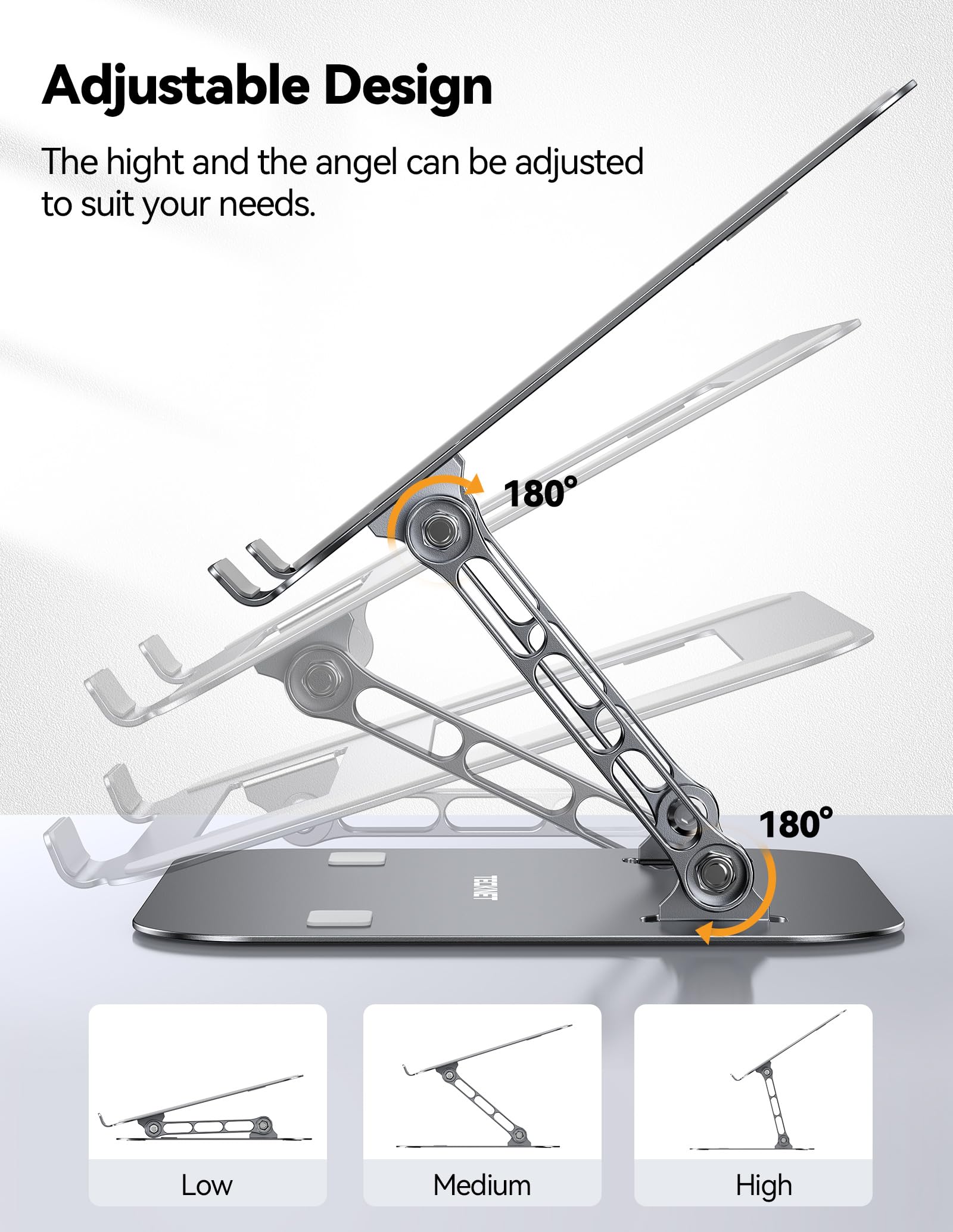 TECKNET Laptop Stand for Desk, Adjustable Ergonomic Laptop Holder (Grey)