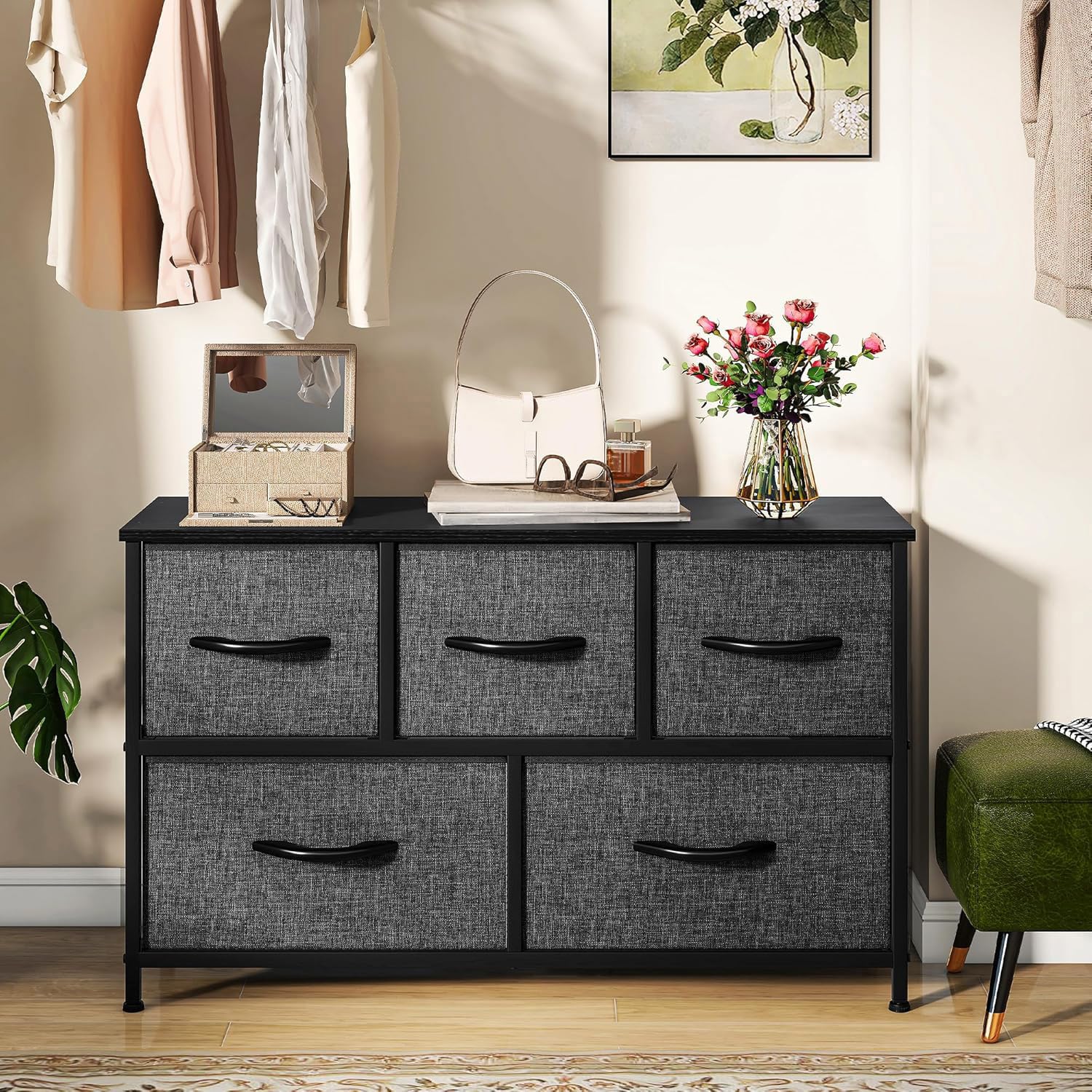 DWVO Chest of Drawers, 5 Fabric Drawers Bedroom Cabinet,Dresser for Bedroom,Living Room With Handles,Wood Top and Sturdy Steel Frame, Black Grey
