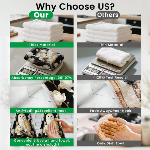 CUTHOLLOW 2 Pcs Owl and White Magnolia Hanging Kitchen Towels with Loop
