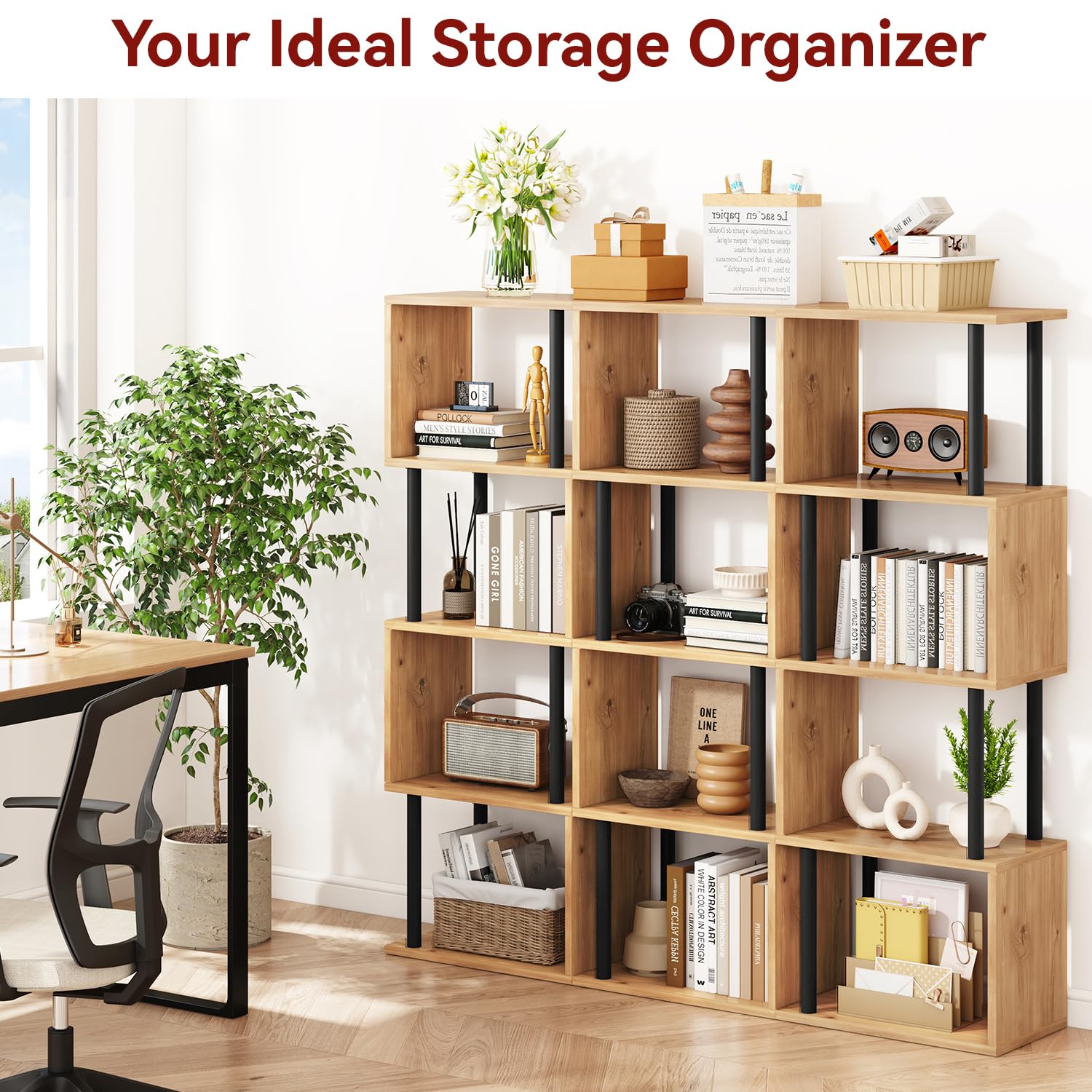 IBUYKE 5-Tier Tall Bookshelf,S-Shaped Geometric Bookcase,Oak WBC015K
