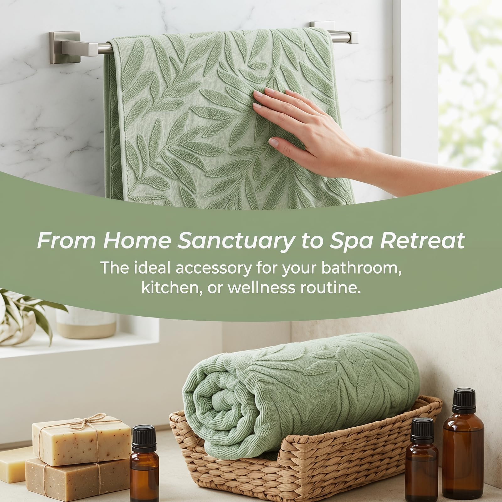Solvio Premium 100% Cotton Towels Set - Sage Green Leaf Pattern Jacquard Towels - Super Soft and Highly Absorbent Bathroom Accessories for Home and