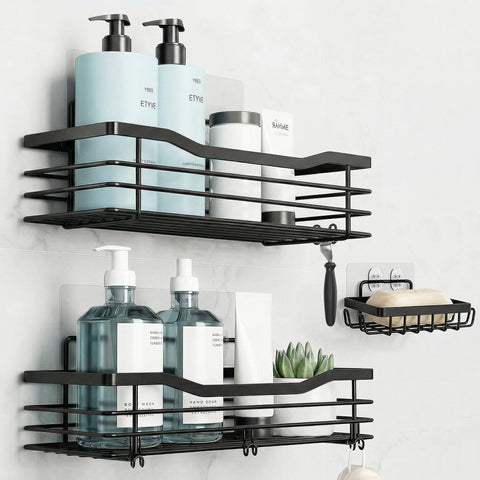 Zor Ventures Shower Caddy 3 Pack No Drill – Self Adhesive Bathroom Caddy, Wall Mounted Shower Organiser with Shelf & Rack, Soap Holder & Hooks