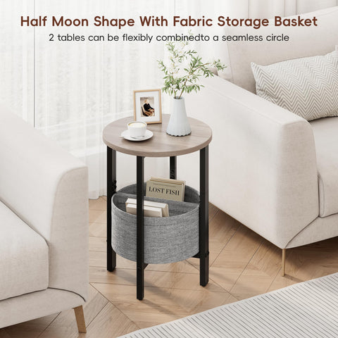 Vagusicc Side Table, Round End Table with Fabric Basket, Small Coffee Table, Set of 2 Half Moon Entry Table, Accent Table Bedside Table
