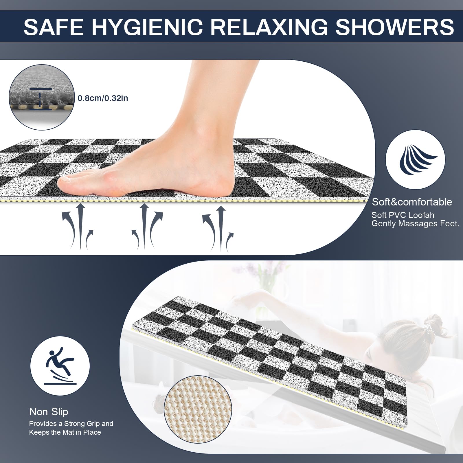 Non Slip Checkered Shower Mats 40x80CM, PVC Loofah Bath Mat for Inside Shower, Quick Dry Soft Bath Mat for Bathroom Floor