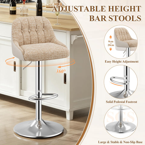 MALOL Adjustable Bar Stools Set of 4, Swivel Counter Stools with Backrest, Chenille & Faux Leather Upholstered Bar Chairs