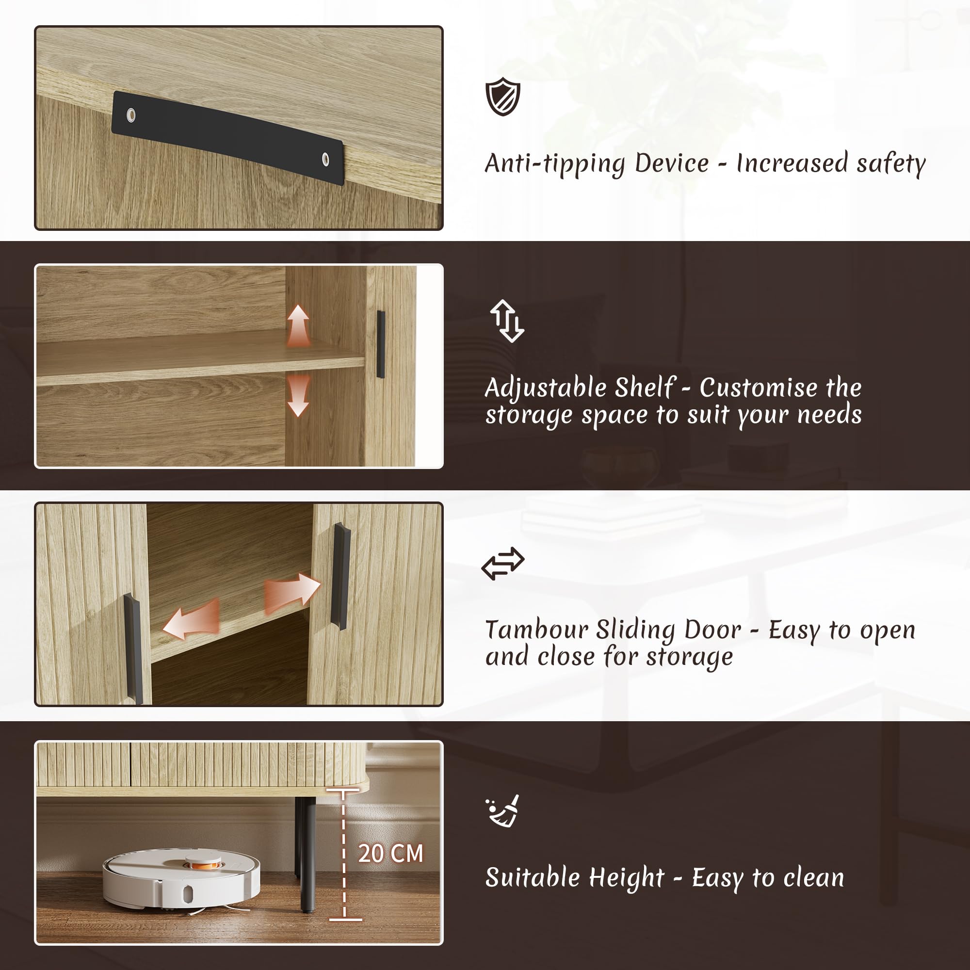 BonVache Sideboard, Buffet Storage Cabinet for Living Room, Kitchen Cupboard with Tambour Sliding Door