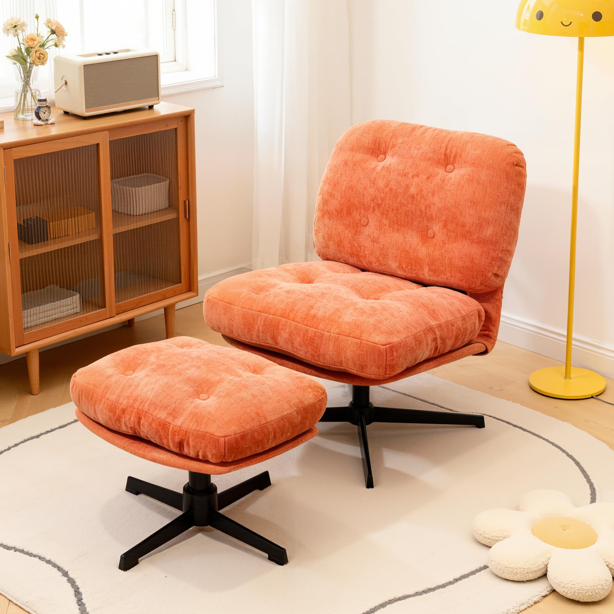 BonVache Foldable Armchair with Footstool, Chenille Accent Chair with Ottoman for Living Room, Fluffy Occasional Lounge Chair for Bedroom and Office