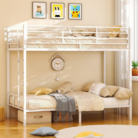 Bonnlo Metal Bunk Bed, Single over Single Loft Bed Frame with 38cm High Full-Length Guardrail & Non-Slip Ladder, Space-Saving Twin Over Twin Bunk Bed