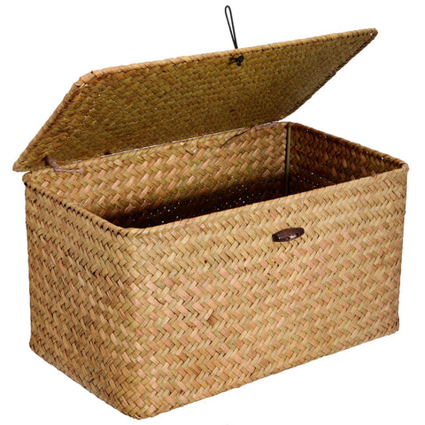 Set of 3 Seagrass Rattan Boxes with Lid, Rectangular Woven Storage Hamper