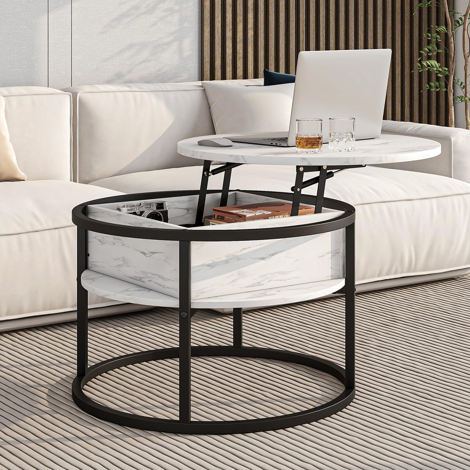 HOJINLINERO Round Coffee Table,Lift Top Coffee Tables for Living Room,Wooden Table with Hidden Storage & Lift Up Top,Modern Sofa Tea End Center