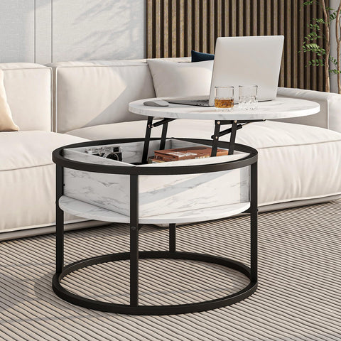 HOJINLINERO Round Coffee Table,Lift Top Coffee Tables for Living Room,Wooden Table with Hidden Storage & Lift Up Top,Modern Sofa Tea End Center