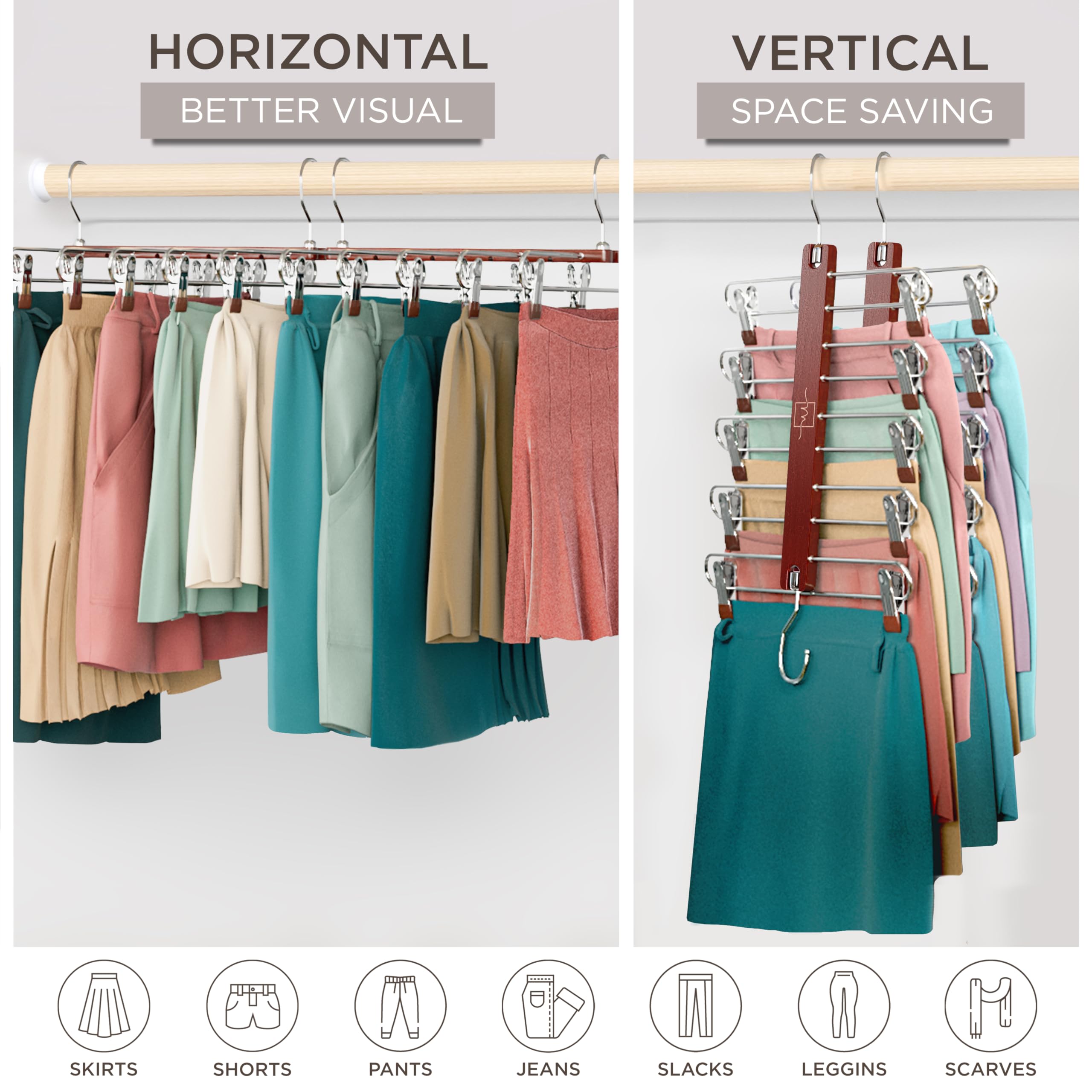 MORALVE Skirt Hangers Space Saving with Clips - 2 Pack - European Beechwood 5-Tier Hanger for Shorts, Skirts, and Trousers