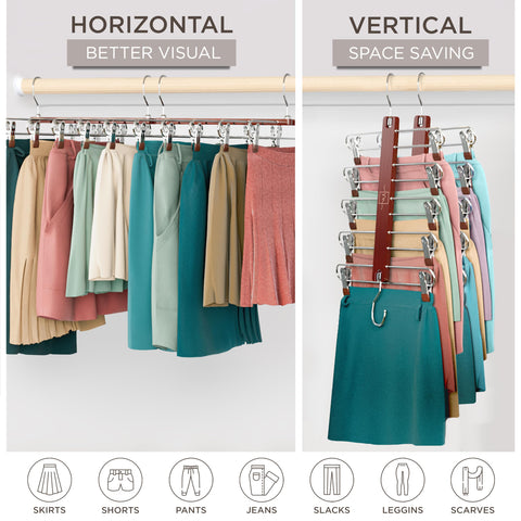 MORALVE Skirt Hangers Space Saving with Clips - 2 Pack - European Beechwood 5-Tier Hanger for Shorts, Skirts, and Trousers