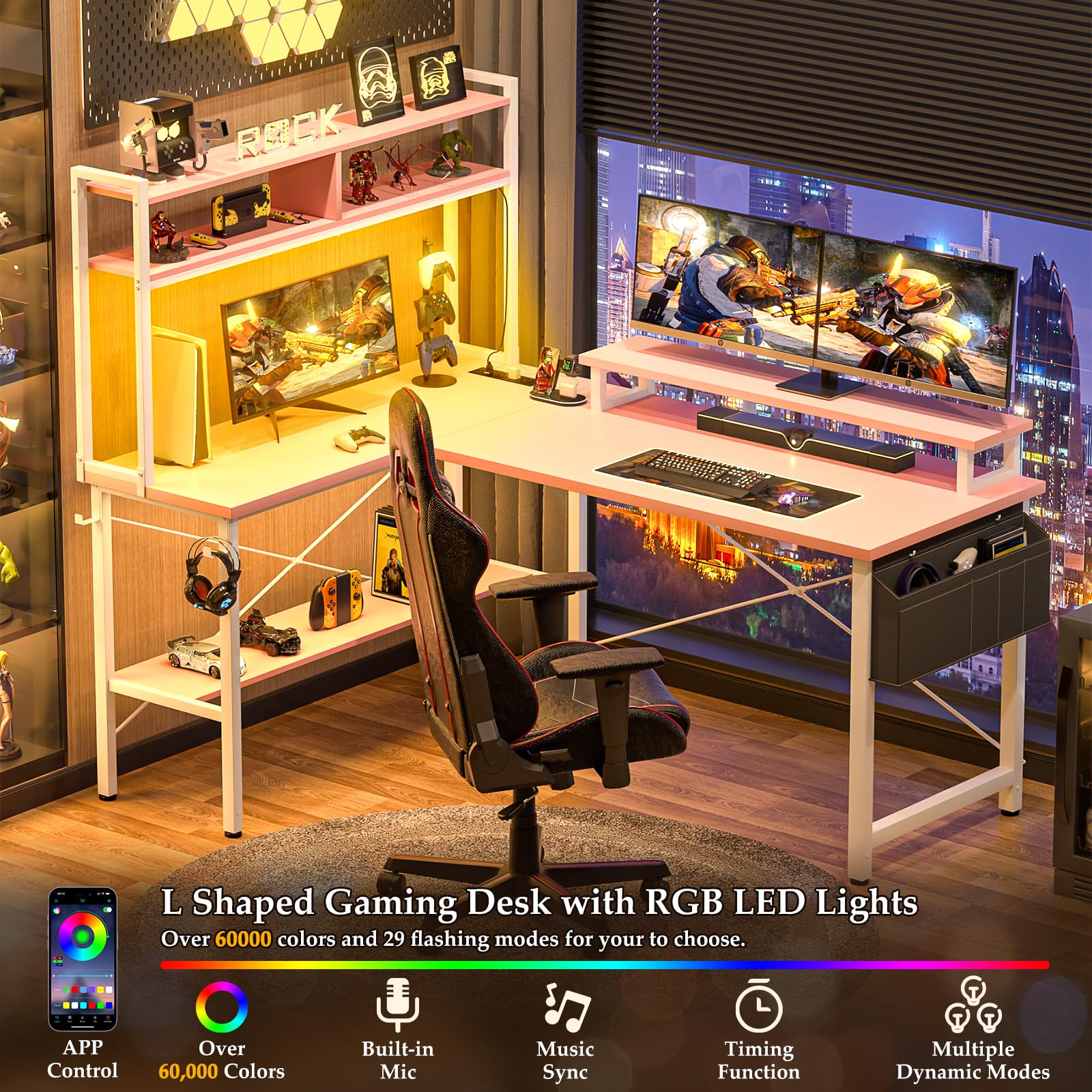 iSunirm L Shaped Gaming Desk with Power Outlets & LED Lights, Small L- Shaped Computer Corner Desk with Monitor Stand & Storage Shelf