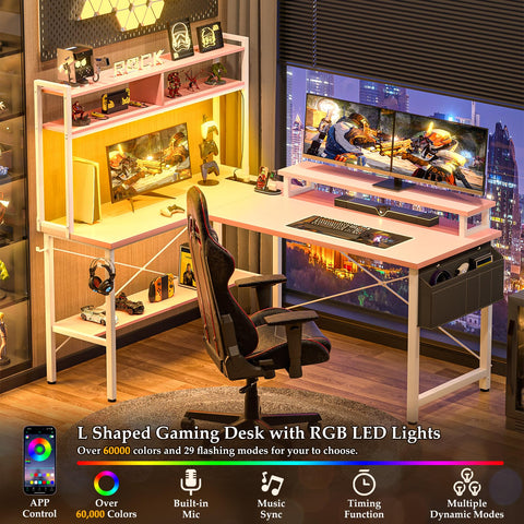 iSunirm L Shaped Gaming Desk with Power Outlets & LED Lights, Small L- Shaped Computer Corner Desk with Monitor Stand & Storage Shelf
